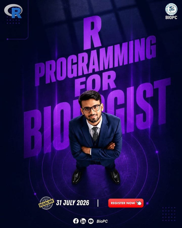 R Programming for Biologists - BioPC course poster, registration deadline 31 July 2026